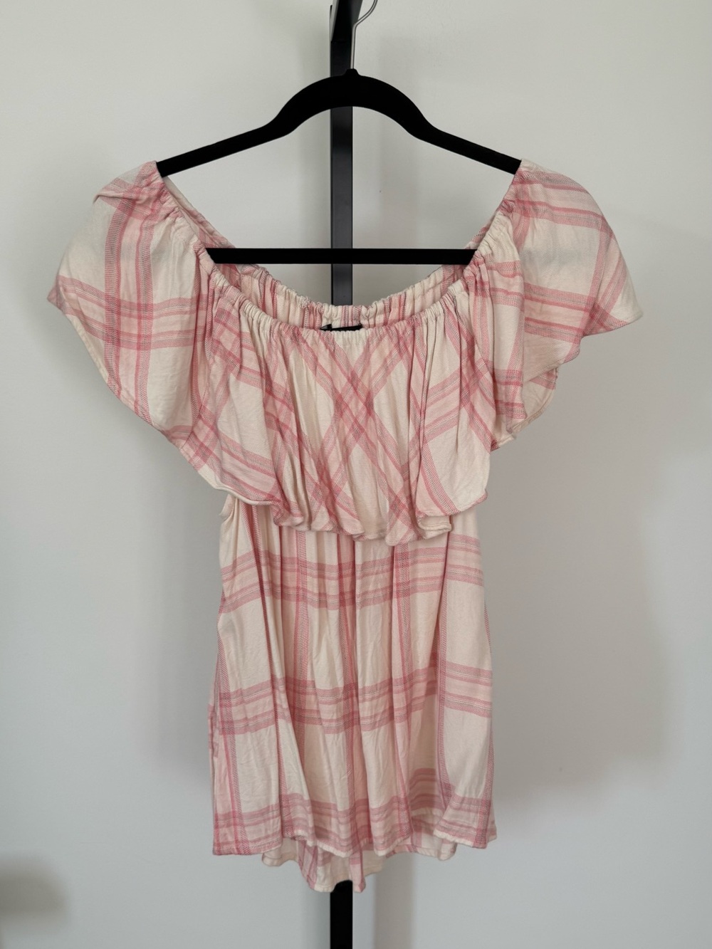Sanctuary Cream and Pink Plaid Off-Shoulder Top
